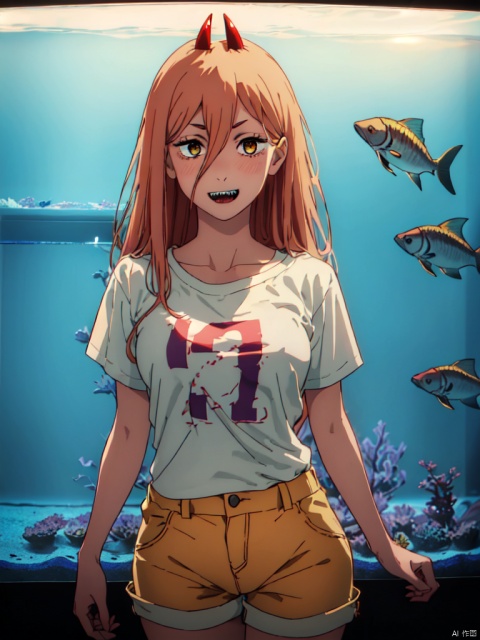 masterpiece,best quality,8k,ultra-detailed, (In the aquarium:1.4),dark theme, 
1girl, (6 years old girl:1.4),  full face blush, happy_face ,Sharp teeth,    Power_CYQL,long hair,blonde hair,hair between eyes, red demon horns, cross-shaped pupils, 
Flashlight effect, looking at viewer, cowboy_shot,
flat_chest, (in white t-shirt:1.3), (in yellow shorts:1.2),