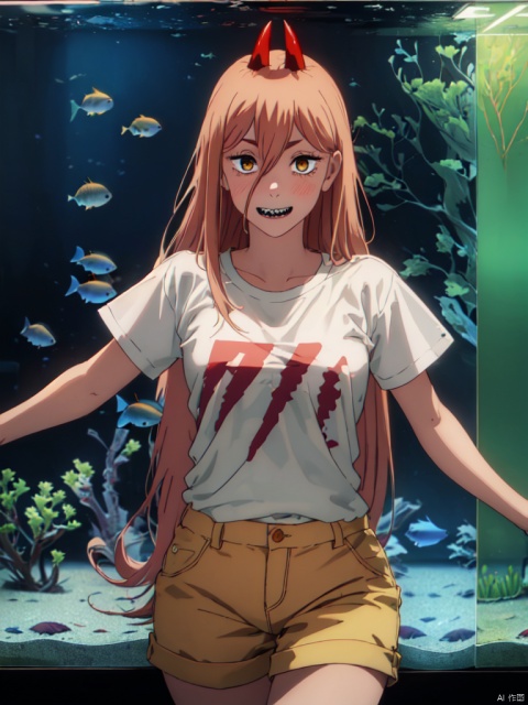 masterpiece,best quality,8k,ultra-detailed, (In the aquarium:1.4),dark theme, 
1girl, (6 years old girl:1.4), full face blush, happy_face ,Sharp teeth,   Flashlight effect, looking at viewer, cowboy_shot,Power_CYQL,long hair,blonde hair,hair between eyes, red demon horns, cross-shaped pupils, 
flat_chest, (in white t-shirt:1.3), (in yellow shorts,:1.2),