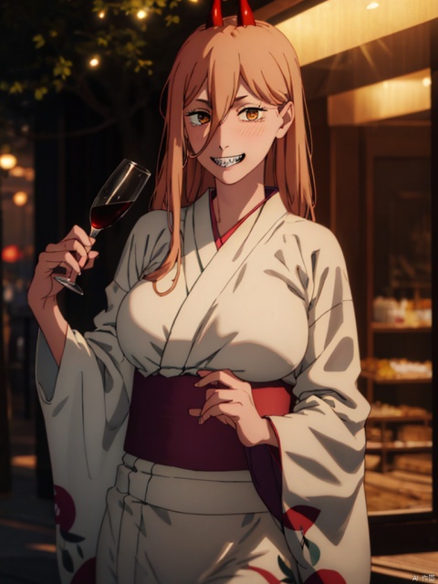 masterpiece,best quality,8k,ultra-detailed, At night, fireworks, people behind her,
1girl, full face blush, drunk, big_smile,Sharp teeth,  looking at viewer, cowboy_shot,Power_CYQL,long hair,blonde hair,hair between eyes, red demon horns, cross-shaped pupils, Holding a bottle of wine in hand, 
huge breasts, (in Yukata:1.3),