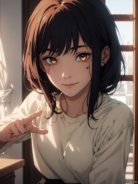 masterpiece,best quality,8k,ultra-detailed, (cowboy_shot:1.2), POV,
1girl,  Makima_CYQL, black hair,very long hair, Bangs,yellow eyes,ringed eyes,white t-shirt, black pants,
sweet smile, (Lacrimal nevus:1.3),
(Sneer), sweet smile,  (point to viewers:1.2), 