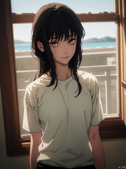 masterpiece,best quality,8k,ultra-detailed, (cowboy_shot:1.2), POV,
1girl,  Makima_CYQL, black hair,very long hair, Bangs,yellow eyes,ringed eyes,white t-shirt, black pants,
sweet smile, (Lacrimal nevus:1.3),
(Sneer), sweet smile,  (point to viewers:1.2), 