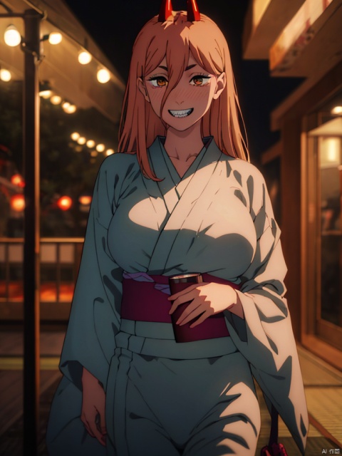 masterpiece,best quality,8k,ultra-detailed, At night, fireworks, people behind her,
1girl, full face blush, piss_drunk, big_smile,Sharp teeth,  looking at viewer, cowboy_shot,Power_CYQL,long hair,blonde hair,hair between eyes, red demon horns, cross-shaped pupils, Holding a bottle of wine in hand, 
huge breasts, (in Yukata:1.3),