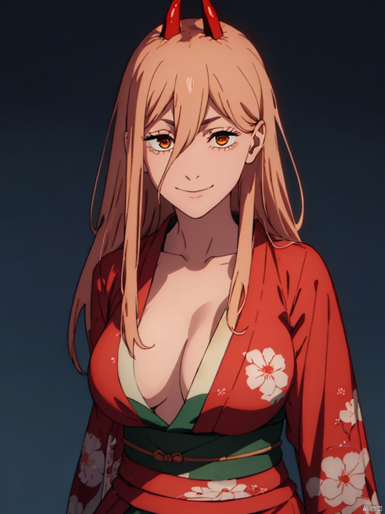 masterpiece,best quality,8k,ultra-detailed,simple_background,
1girl, smile,solo, looking at viewer,cowboy_shot,Power_CYQL,long hair,blonde hair,hair between eyes, red demon horns, cross-shaped pupils,
huge breasts, (in kimono:1.3),