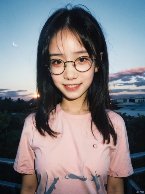  beautiful illustration, best quality,masterpiece,ultra detailed skin,great detail,realistic,photorealistic, (High definition background:1.2),
(nsfw:0),(completely nude:0),
1girl , (10 years old girl:1.2) ,glasses, light smile, full face blush,(plump), very long hair,absurdly_long_hair, black hair, big breasts,
in garden, t-shirt, blue_jeans,smile, (sunset, moon, cloud, red sun), chair, cola, glass cup, backpack,