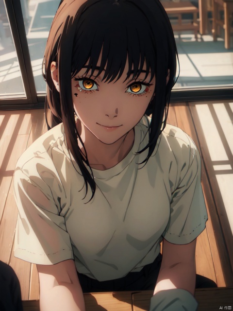 masterpiece,best quality,8k,ultra-detailed, (cowboy_shot:1.2), POV,
1girl,  Makima_CYQL, black hair,very long hair, Bangs,yellow eyes,ringed eyes,white t-shirt, black pants,
sweet smile, (Lacrimal nevus:1.3),
(Sneer), sweet smile,  (point to viewers:1.2), 