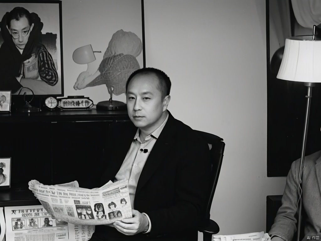  beautiful illustration, best quality,male focus,
 (monochrome photography:1.2) , 
(A middle-aged man), in suit, thin,
glasses, sitting  in chair, (reading newspaper:1.2),
An old-fashioned desk lamp is placed in one corner of the desk,
cinematic lighting,  sd mai, moriyama photo