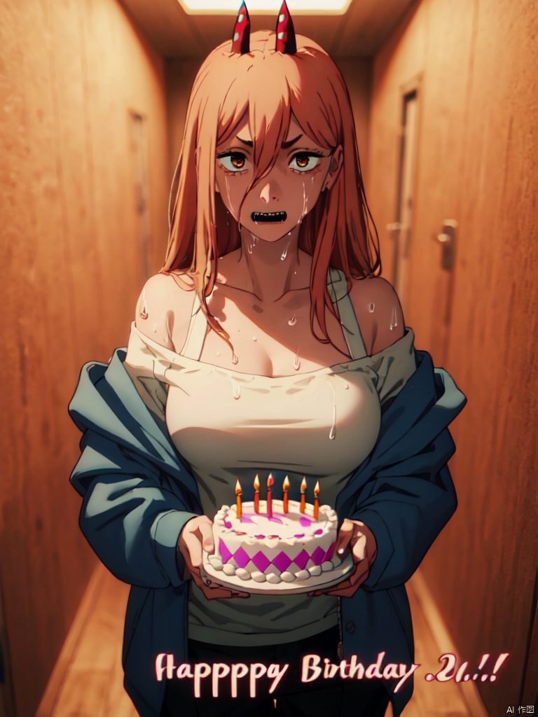 masterpiece,best quality,8k,ultra-detailed, cowboy_shot,
1girl,  Sharp teeth, Power_CYQL,long hair,blonde hair,hair between eyes, red demon horns, cross-shaped pupils,
(next to the wall of hallway:1.3),dark theme, (holding a huge birthday cake :1.5), looking at viewer, straight eyebrow,
(Fear,terrified, panic , frightened), White shirt, gray Jackets, (jacket slipping off shoulder:1.2), (Sweat all over face:1.3), Sweat fills the face, (Wet chest with sweat:1.1)