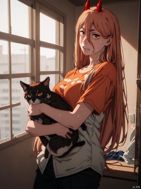 masterpiece,best quality,8k,ultra-detailed, (cowboy_shot:1.4),
1girl,  big_breasts ,Sharp teeth, Power_CYQL,long hair,blonde hair,hair between eyes, red demon horns,(cross pupils:1.2),
(stand in balcony), windows, (shirts hanging on the clotheshanger:1.5),  warm theme, (Holding a white cat), looking at viewer,nervous, panic, orange T-shirt, trousers, (Sweat on face), 