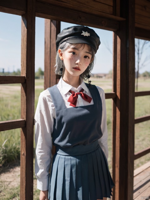 masterpiece,best quality,highres,absurdres,
 (Standing on a high platform:1.2),  (cowboy shot:1.2),
1girl,(10 years old girl:1.3),hat,grey hair,short hair,earrings,red bow,school uniform,cool girl,expressionless,freckles,depth of field