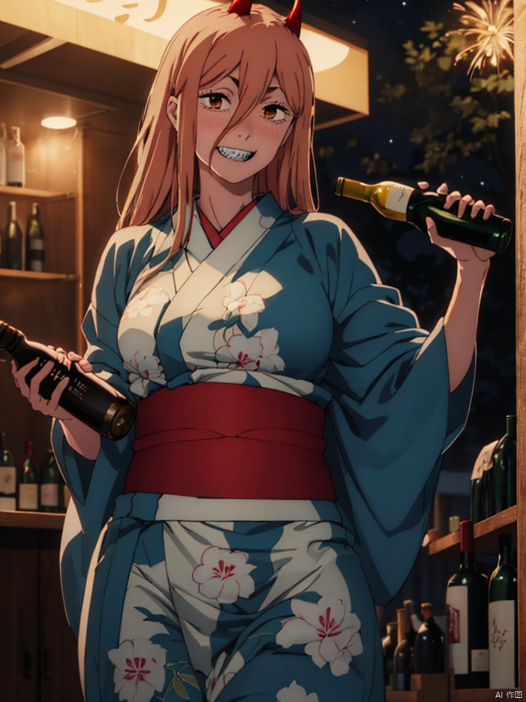 masterpiece,best quality,8k,ultra-detailed, At night, fireworks, people behind her,
1girl, full face blush, drunk, big_smile,Sharp teeth,  looking at viewer, cowboy_shot,Power_CYQL,long hair,blonde hair,hair between eyes, red demon horns, cross-shaped pupils, (Holding a bottle of wine:1.3), 
huge breasts, (in Yukata:1.3),