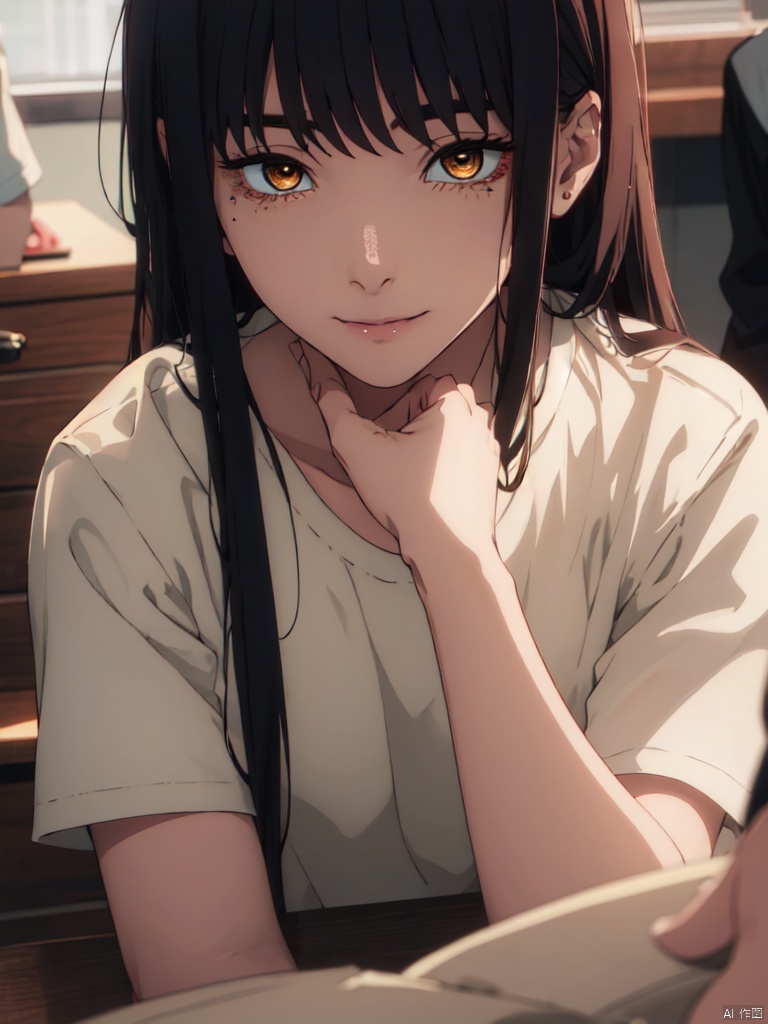 masterpiece,best quality,8k,ultra-detailed, (cowboy_shot:1.2), POV,
1girl,  Makima_CYQL, black hair,very long hair, Bangs,yellow eyes,ringed eyes,white t-shirt, black pants,
sweet smile, (Lacrimal nevus:1.3),
(Sneer), sweet smile,  (Stretching her arm towards the viewer:1.3), (point to viewers:1.2), (hand focus:1.4), Makima_CYQL