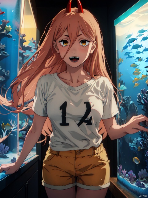 masterpiece,best quality,8k,ultra-detailed, (In the aquarium:1.4),dark theme, 
1girl, (6 years old girl:1.4),  full face blush, happy_face ,Sharp teeth,    Power_CYQL,long hair,blonde hair,hair between eyes, red demon horns, cross-shaped pupils, 
Flashlight effect, looking at viewer, cowboy_shot,
flat_chest, (in white t-shirt:1.3), (in yellow shorts:1.2),