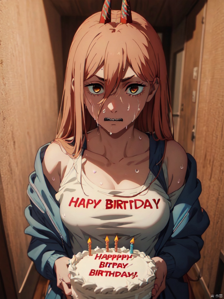 masterpiece,best quality,8k,ultra-detailed, cowboy_shot,
1girl,  Sharp teeth, Power_CYQL,long hair,blonde hair,hair between eyes, red demon horns, cross-shaped pupils,
(next to the wall of hallway:1.3),dark theme, (holding a huge birthday cake :1.5), looking at viewer, straight eyebrow,
(Fear,terrified, panic , frightened), White shirt, gray Jackets, (jacket slipping off shoulder:1.2), (Sweat all over face:1.3), Sweat fills the face, (Wet chest with sweat:1.1)