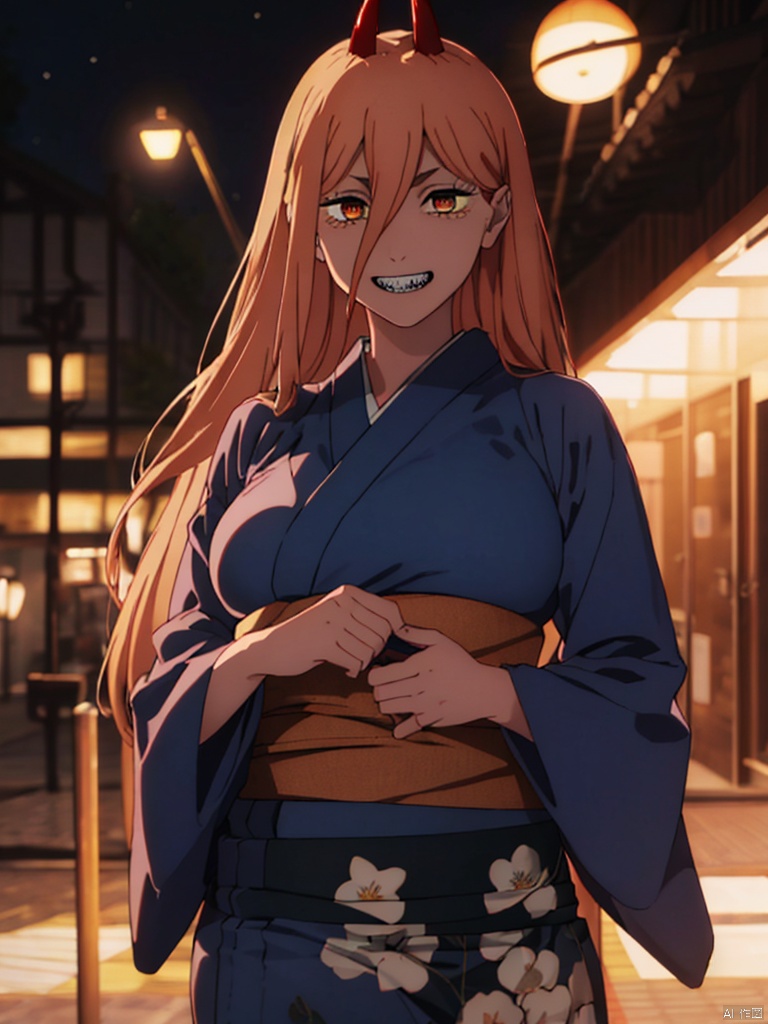 masterpiece,best quality,8k,ultra-detailed, At night, fireworks,
1girl, smile,Sharp teeth, solo, looking at viewer, cowboy_shot,Power_CYQL,long hair,blonde hair,hair between eyes, red demon horns, cross-shaped pupils,
huge breasts, (in Yukata:1.3),