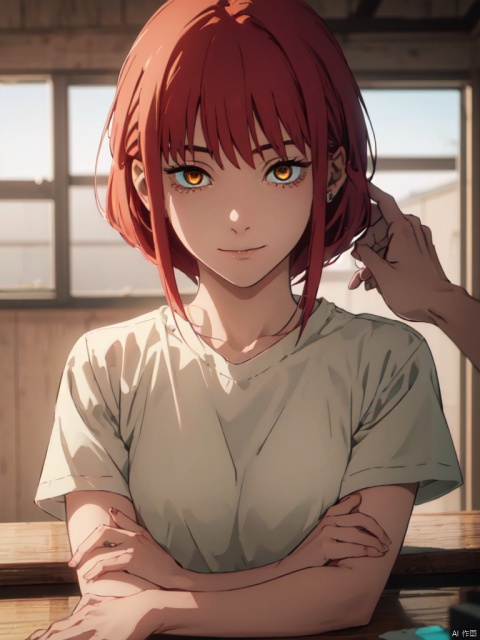masterpiece,best quality,8k,ultra-detailed, (cowboy_shot:1.2), POV,
1girl,  red hair,medium hair,bangs,sidelocks,yellow eyes,ringed eyes,white t-shirt, 
(Sneer), sweet smile,  (Stretching her arm towards the viewer:1.3), (point to viewers:1.2), (hand focus:1.4), Makima_CYQL