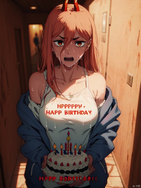 masterpiece,best quality,8k,ultra-detailed, cowboy_shot,
1girl,  Sharp teeth, Power_CYQL,long hair,blonde hair,hair between eyes, red demon horns, cross-shaped pupils,
(next to the wall of hallway:1.3),dark theme, (holding a huge birthday cake :1.5), looking at viewer, straight eyebrow,
(Fear,terrified, panic , frightened), White shirt, gray Jackets, (jacket slipping off shoulder:1.2), (Sweat all over face:1.3), Sweat fills the face, (Wet chest with sweat:1.3)