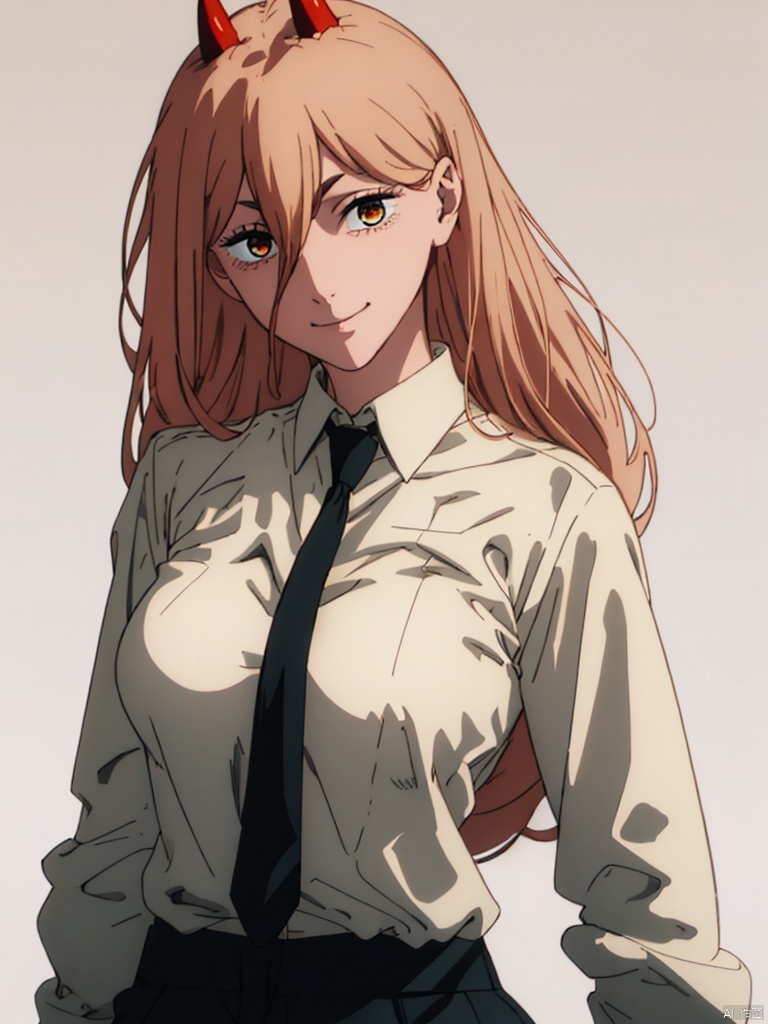 masterpiece,best quality,8k,ultra-detailed,simple_background,
1girl, smile,solo, looking at viewer,cowboy_shot,Power_CYQL,long hair,blonde hair,hair between eyes, huge breasts, (suit and tie:1.3),
red demon horns, cross-shaped pupils,