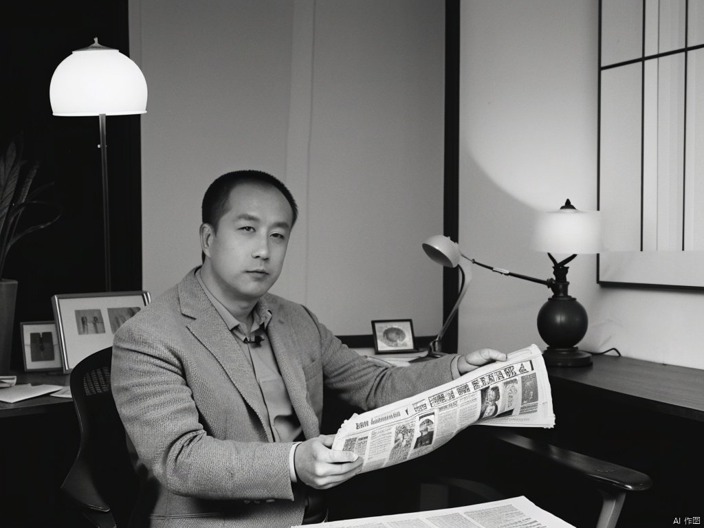  beautiful illustration, best quality,male focus,
Black and white photos effect,
(A middle-aged man), in suit, thin,
glasses, sitting  in chair, (reading newspaper:1.2),
An old-fashioned desk lamp is placed in one corner of the desk,
cinematic lighting,  sd mai, moriyama photo