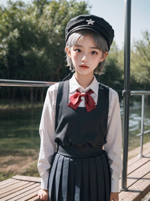 masterpiece,best quality,highres,absurdres,
 (Standing on a high platform:1.2),  (cowboy shot:1.2),
1girl,(10 years old girl:1.3),hat,grey hair,short hair,earrings,red bow,school uniform,cool girl,expressionless,freckles,depth of field