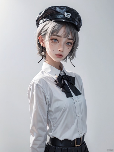 highres,absurdres,cowboy_shot,simple background,white background,
masterpiece,best quality,1girl,hat,grey hair,short hair,earrings,red bow,school uniform,cool girl,expressionless,freckles,