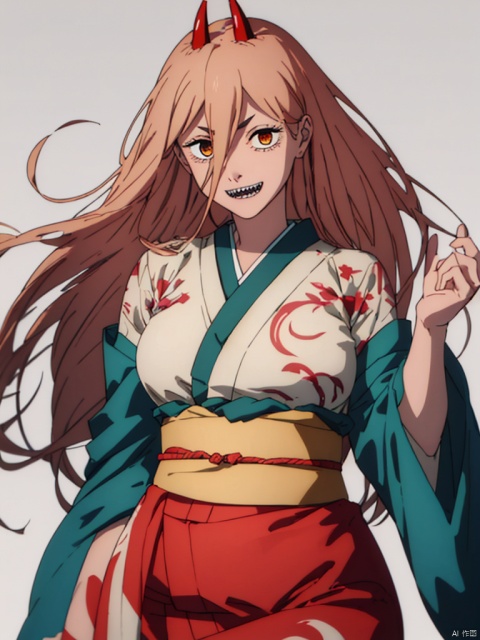 masterpiece,best quality,8k,ultra-detailed,simple_background,
1girl, smile,Sharp teeth, solo, looking at viewer, cowboy_shot,Power_CYQL,long hair,blonde hair,hair between eyes, red demon horns, cross-shaped pupils,
huge breasts, (in kimono:1.3),