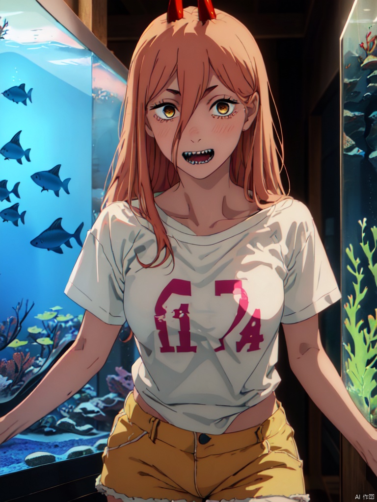 masterpiece,best quality,8k,ultra-detailed, (In the aquarium:1.4),dark theme, 
1girl, (6 years old girl:1.4), full face blush, happy_face ,Sharp teeth,    Power_CYQL,long hair,blonde hair,hair between eyes, red demon horns, cross-shaped pupils, 
Flashlight effect, looking at viewer, cowboy_shot,
flat_chest, (in white t-shirt:1.3), (in yellow shorts,:1.2),