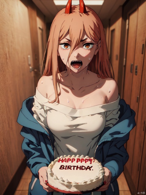 masterpiece,best quality,8k,ultra-detailed, cowboy_shot,
1girl, Sharp teeth, Power_CYQL,long hair,blonde hair,hair between eyes, red demon horns, cross-shaped pupils,
(at the hallway:1.3),dark theme, (Holding a birthday cake with both hands:1.4), looking at viewer, 
(Fear,terrified, panic , frightened), White shirt, gray Jackets, (jacket slipping off shoulder:1.4), (Sweat on the face:1.4), Sweat fills the face,
big_boobies,Slightly open mouth,