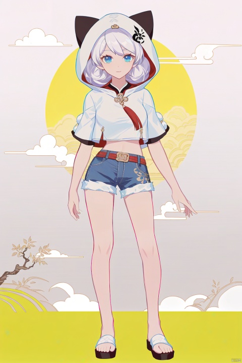  line art,line style,as style,best quality,masterpiece,
 The image features a Q version of cute cartoon girl wearing ancient costume, simple pattern, full body portrait, standing pose, legs straight, hands on both sides, minimalist painter style, ancient Chinese style, vector illustration, clean background
kiana kaslana, qingning, 2nd clothes, 1girl, shorts, blue eyes, jacket, hood, belt, bangs, denim shorts,
