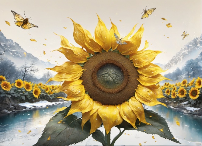 (Fantasy style: 1.5) Object perspective, changeable colors (Fantasy World) Hyper-realistic style (intricate details) A psychedelic,((1sunflower)),Realism,Realistic writing,((pov sunflower)),雪景
