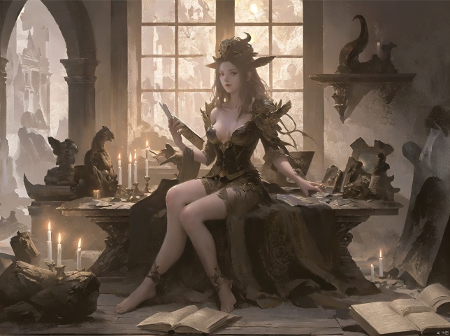 edieval witch doctor girl, sitting, pentagram, candles, magic book, bookshelf , extra hands,
masterpiece, hyper detailed, best quality, extreme detailed,(2d:1.3),