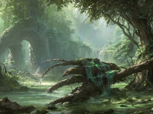 (A Phyrexian Fleshgorger is on the collapsed tree trunk)), backlight,(extremely detailed CG unity 8k wallpaper),iridescence,(The river connects the desert and the rainforest:1.3),solo,