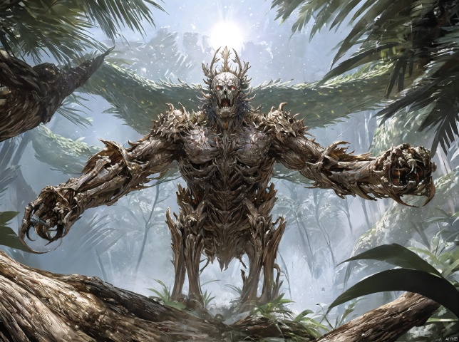 rightful, bare tree, tree, (sexy:1.1), branch, forest, teeth, plant, monster, nature, sharp teeth, glowing, solo, no humans, checkered, skull, horror \(theme\), outdoors, looking at viewer, open mouth, red eyes, skeleton, glowing eyes, palm tree, leaf, feathers, male focus, animal, vines, fangs, sky,(glimmer, shine, sparkle:1.0),((((from below)))),