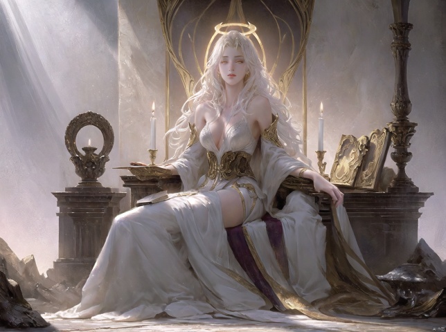 ull body,on a scepter,Sit on the throne,((robe with an intricate pattern)),(1 girl),(solo),(cute anime face),golden eyes,white hair,expressionless,halo,(sit on the low throne),in magnificent castle,extremely detailed CG unity 8k wallpaper,（masterpiece）,best quality, illustration,holy,light trail,
edieval witch doctor girl, sitting, pentagram, candles, magic book, bookshelf , extra hands,
masterpiece, hyper detailed, best quality, extreme detailed,(2d:1.3),