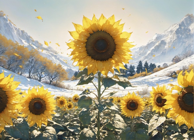 (Fantasy style: 1.5) Object perspective, changeable colors (Fantasy World) Hyper-realistic style (intricate details) A psychedelic,((1sunflower)),Realism,Realistic writing,((close-up)),雪景