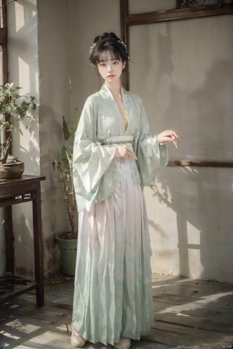  A young woman around twenty years old, dressed in Song-style Hanfu, wears a fresh green short shan that exudes a sense of purity. The red songmo complements her green and white gradient pleated skirt, blending the classical with the contemporary. Standing in an antique courtyard, sunlight filters through the leaves, casting dappled shadows on her, adding a serene and elegant aura. She holds a folding fan in her hand, the landscape painting on its surface harmonizing with her surroundings, as if she is a living classical painting., hanfu,song style outfits, 1girl,汉服