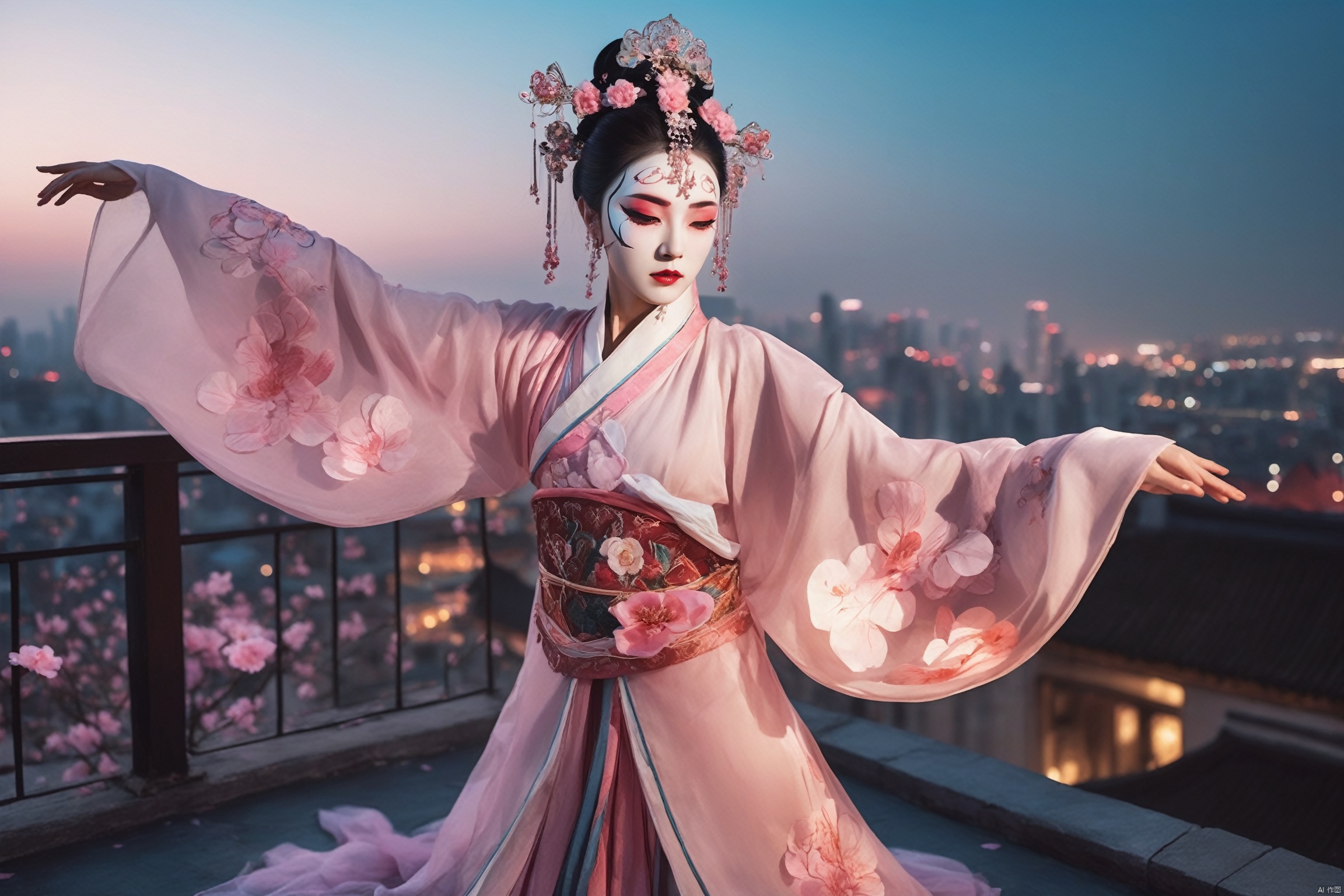 Surrealism, cyberpunk style, a young girl (dressed in traditional Chinese opera costumes and makeup: 1.3), spinning gracefully on the rooftop of a high-rise building (dancing with extremely long white sleeves: 1.4), pink petals fluttering down one after another, stage lighting (in front of the grand city under the night, high angle perspective: 1.4), the fusion of technology and traditional culture, stunning, cinematic,