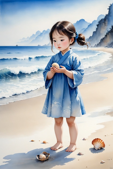  traditional chinese ink painting,A little lovely girl on the beach by the sea, holds a seashell in her hand, intently listening to the sound of the waves. Behind her is a vast expanse of blue ocean, with waves gently lapping the shore, creating a harmonious scene with the girl's tranquility.