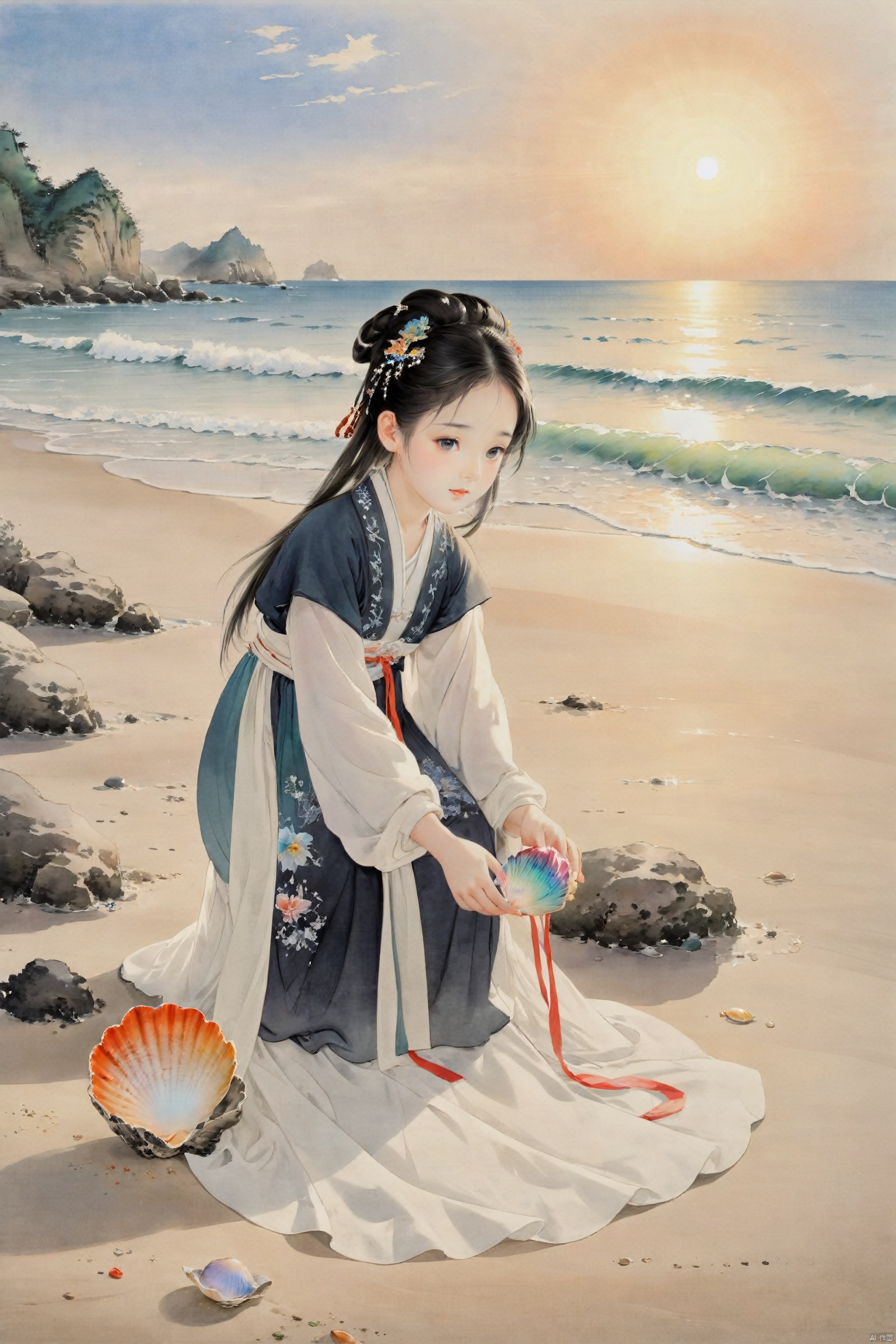 A little girl crouches on the beach, holding a colorful shell in her hands, her eyes full of wonder. Gentle waves lap at the shore, and sunlight sparkles on the sea, creating a serene and beautiful scene., traditional chinese ink painting,black and white ink painting, hanfu