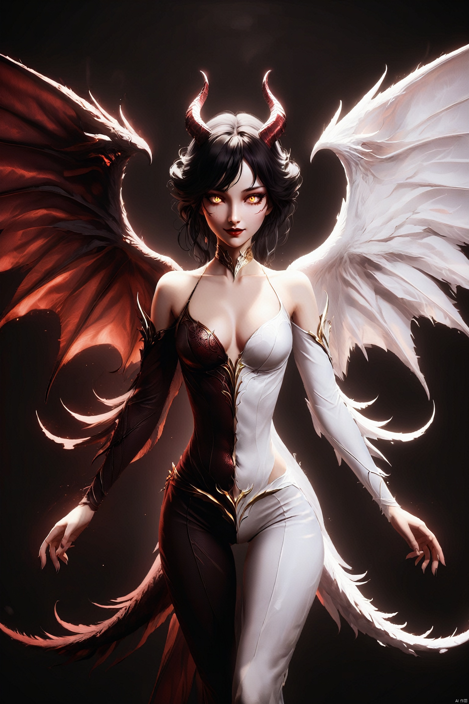 She stands in the dim light, a mysterious and contradictory being. The left half of her body is that of an ordinary human woman, with soft curves and warm skin, dressed in a simple white blouse and jeans, exuding the simplicity of everyday life. However, the right half of her body belongs to a succubus, covered in deep red scales that emit an alluring sheen. Her succubus wings gently unfold, and her tail lightly sways on the ground, her golden eyes flickering with a tempting light. Half of her face is human in its gentleness, while the other half is succubus in its seductiveness, and the smile on her lips is both innocent and cunning, as if telling the secret of her dual identity., wabstyle