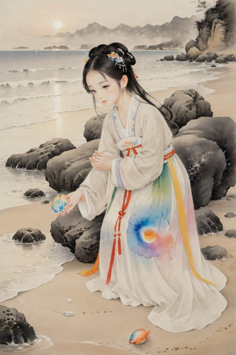 A little girl crouches on the beach, holding a colorful shell in her hands, her eyes full of wonder. Gentle waves lap at the shore, and sunlight sparkles on the sea, creating a serene and beautiful scene., traditional chinese ink painting,black and white ink painting, hanfu