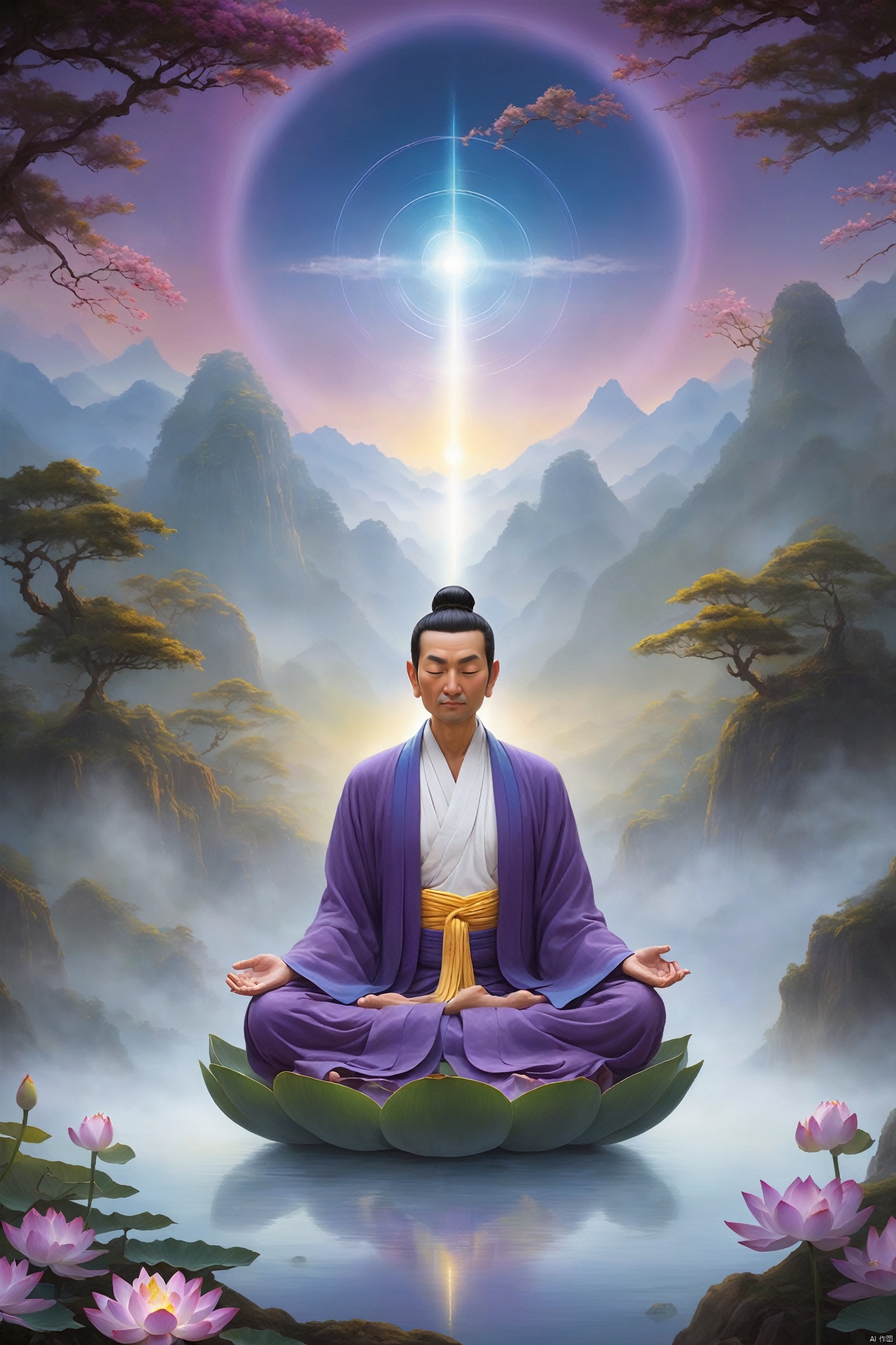 A cultivator in Daoist robes meditates in a valley, with three halos above, interwoven with golden, blue, and purple lights, radiating energy that symbolizes the union of essence, energy, and spirit. The backdrop is a misty landscape painting, with the halos' edges shimmering with a mystical glow, and lotus flowers and cranes adding to the transcendent atmosphere of cultivation.