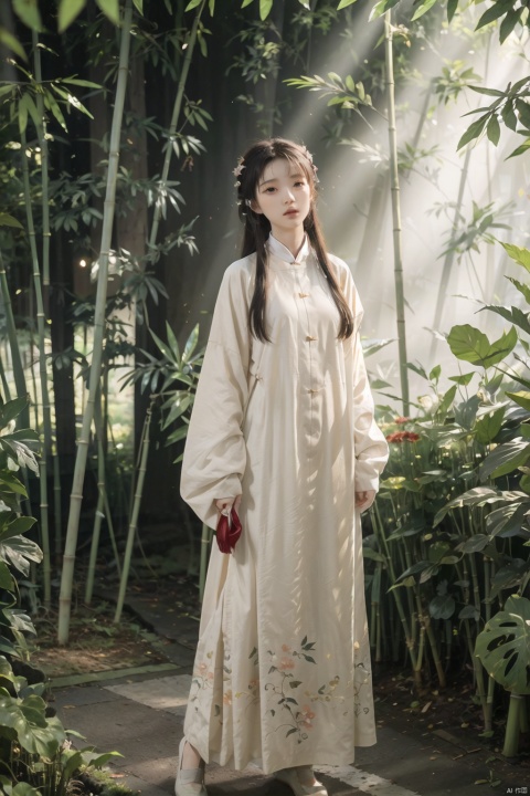 A young woman in traditional Hanfu stands quietly amidst the bamboo forest, her figure appearing particularly elegant in the tranquility of the bamboo grove. The bamboo stalks are tall and straight, their leaves rustling gently in the breeze, as if whispering secrets. Sunlight filters through the gaps in the leaves, casting dappled shadows on the woman. Deep within the bamboo grove, a golden lightning bolt streaks across, adding a touch of mystery and vitality to this serene landscape., hanfu