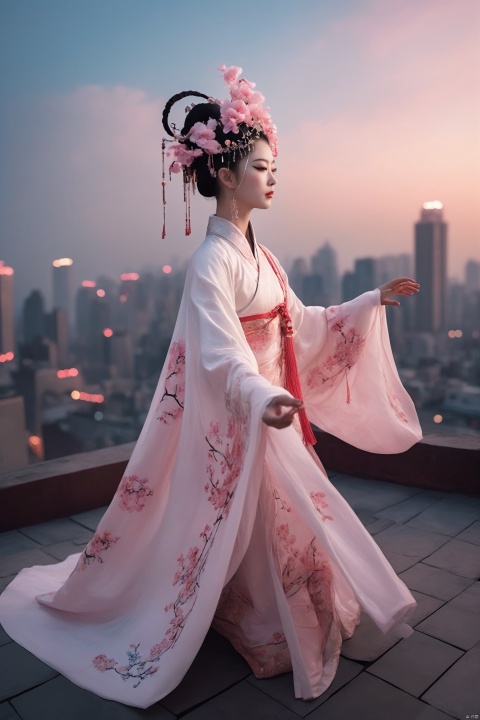Surrealism, cyberpunk style, a young girl (dressed in traditional Chinese opera costumes and makeup: 1.3), spinning gracefully on the rooftop of a high-rise building (dancing with extremely long white sleeves: 1.4), pink petals fluttering down one after another, stage lighting (in front of the grand city under the night, high angle perspective: 1.4), the fusion of technology and traditional culture, stunning, cinematic,