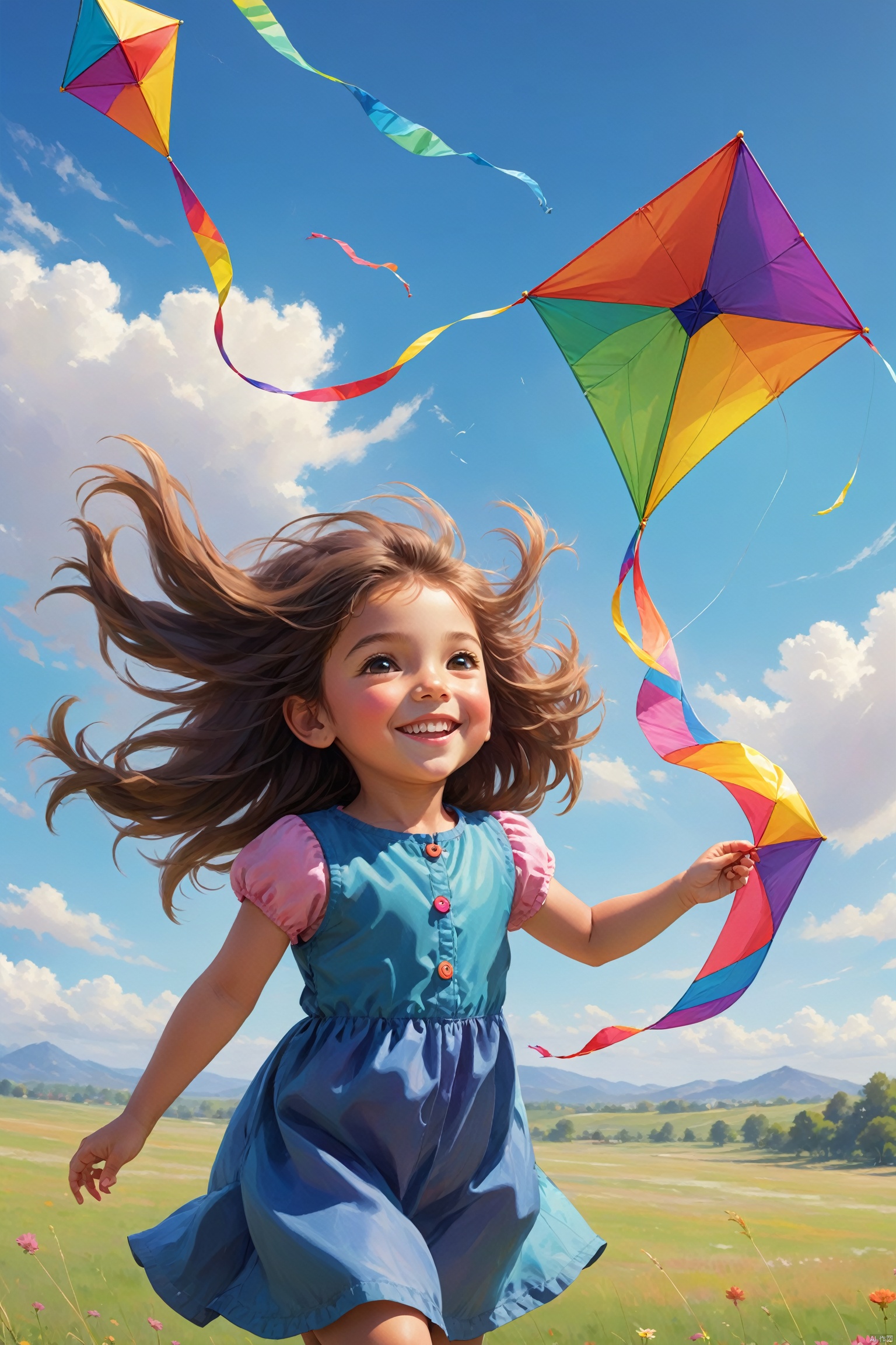 On a tranquil field, a little girl flies a colorful kite. Her hair flutters gently in the breeze, and her face is filled with a smile of freedom. The kite soars in the blue sky, forming a harmonious scene with the surrounding natural landscape.