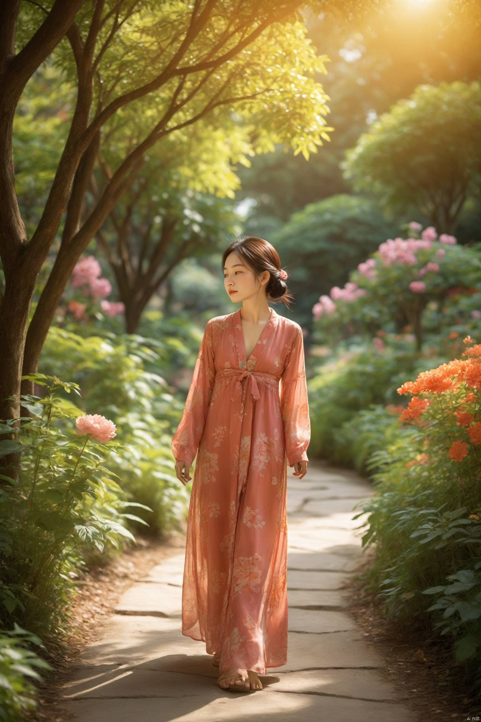 A young Chinese woman walks along a winding path in a botanical garden, her eyes taking in the vibrant colors of the flowers and the intricate patterns of the leaves. The sun filters through the canopy, casting a dappled light on her path. She moves with a sense of contentment, her mind at ease, as if in harmony with the natural world. The scene is a peaceful journey, a stroll through the beauty of nature.