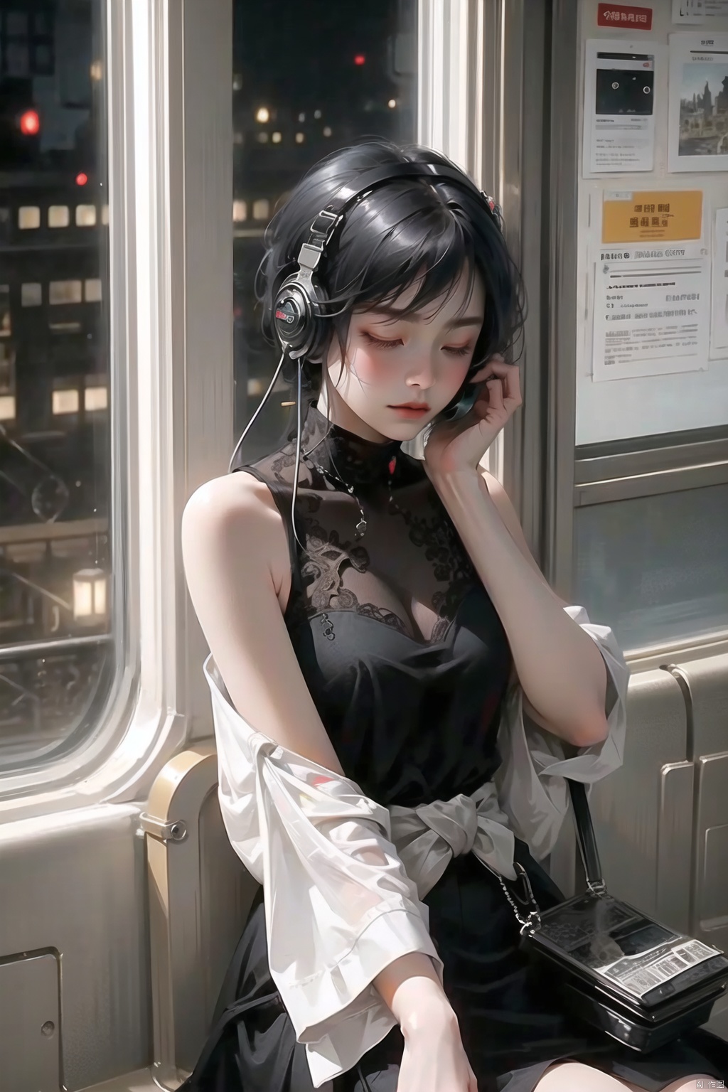  A Chinese girl leans against the door of a train, her eyes closed as she listens to music through her headphones. The train is passing through a city at night, and the city lights flicker in the window behind her. Her face is serene, a contrast to the bustling world outside. The scene captures a moment of personal tranquility amidst the urban chaos.