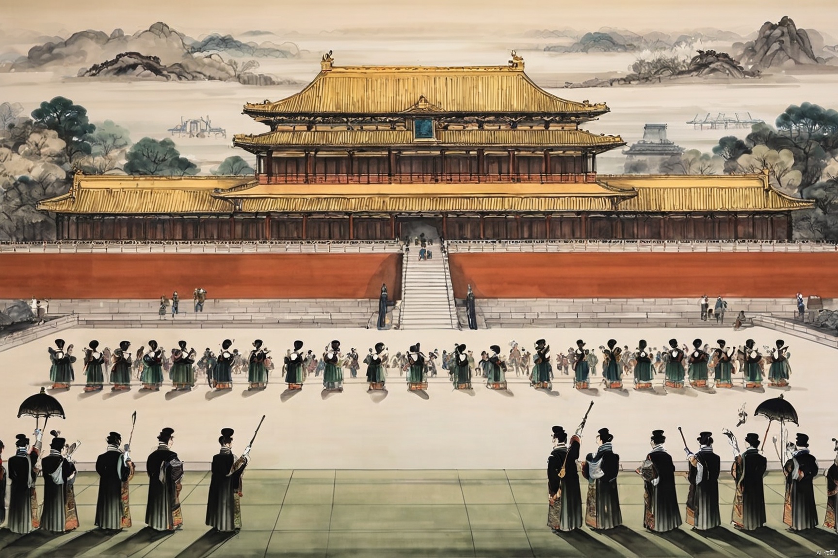 traditional chinese inkpainting,blackandwhiteinkpainting,the imperial palace, a hall of power, exudes its grandeur not only through its monumental architecture but also in the demeanor and atmosphere of the people within. The palace maids, dressed in splendid attire, glide gracefully along the corridors paved with green stone, their movements elegant and cautious, as if each step resonates with the heartbeat of history. The court officials, clad in their ceremonial robes, faces solemn, move through the towering palace walls and the resplendent halls, each bow a solemn act of reverence. The emperor, the sovereign of the nation, sits on his throne, his majesty as imposing as the palace itself, commanding respect and awe. Here, every breath is filled with ceremony, every glance exchanged brimming with veneration., traditional chinese ink painting