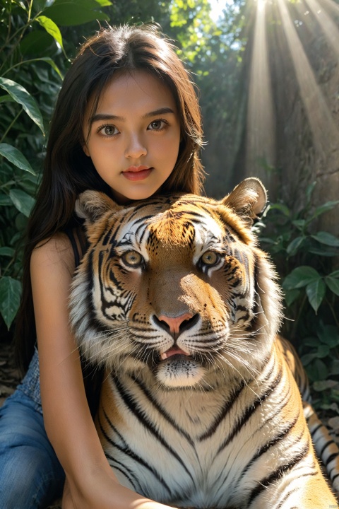 In a selfie view, a girl is close to a tiger, holding up her phone for a shot. Her eyes are curious and wary, while the tiger looks calm. Sunlight filters through the leaves, casting a wild pattern of light and shadow on them. The phone's flash is ready to capture this tense and thrilling moment.