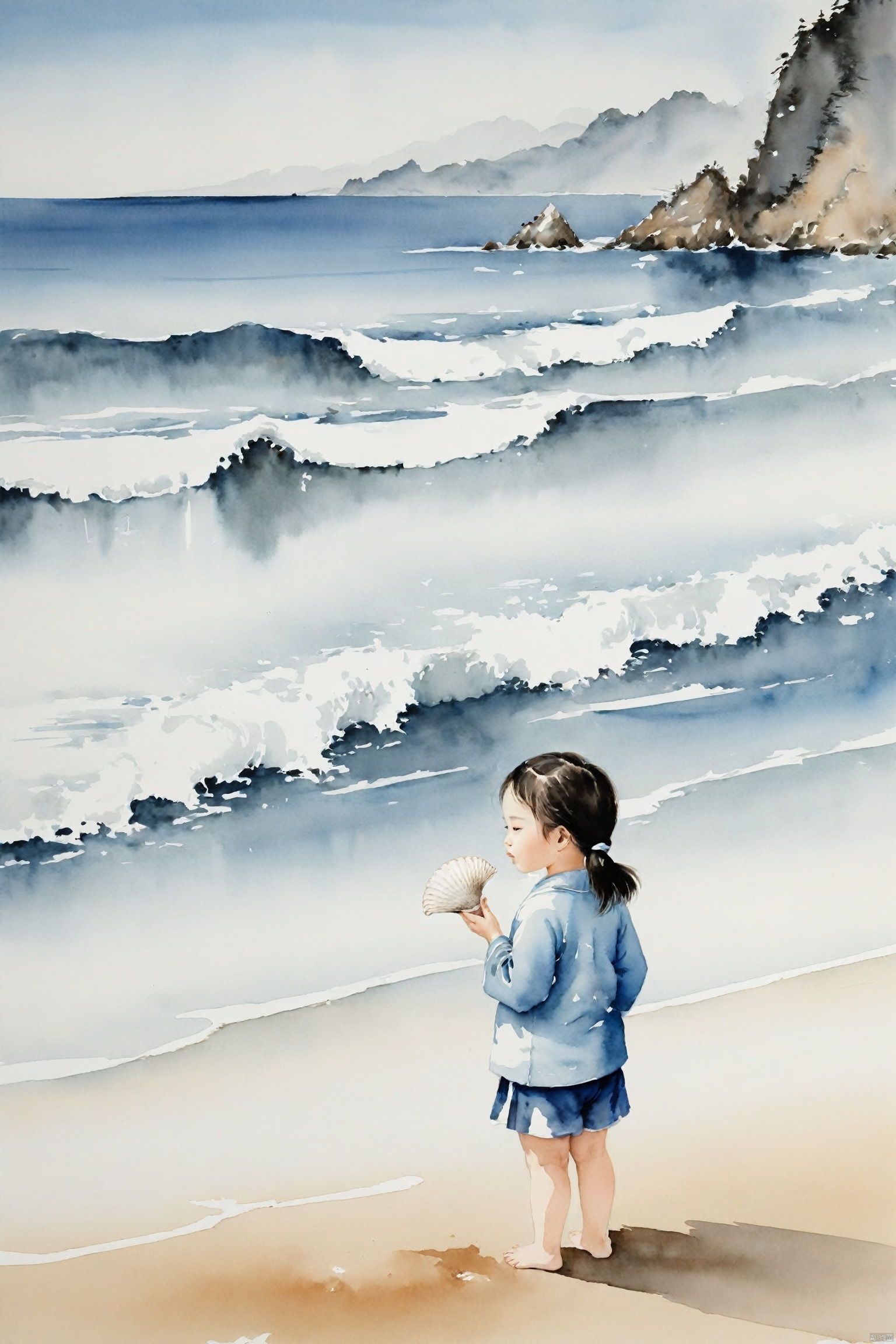  traditional chinese ink painting,A little girl on the beach by the sea, holds a seashell in her hand, intently listening to the sound of the waves. Behind her is a vast expanse of blue ocean, with waves gently lapping the shore, creating a harmonious scene with the girl's tranquility.