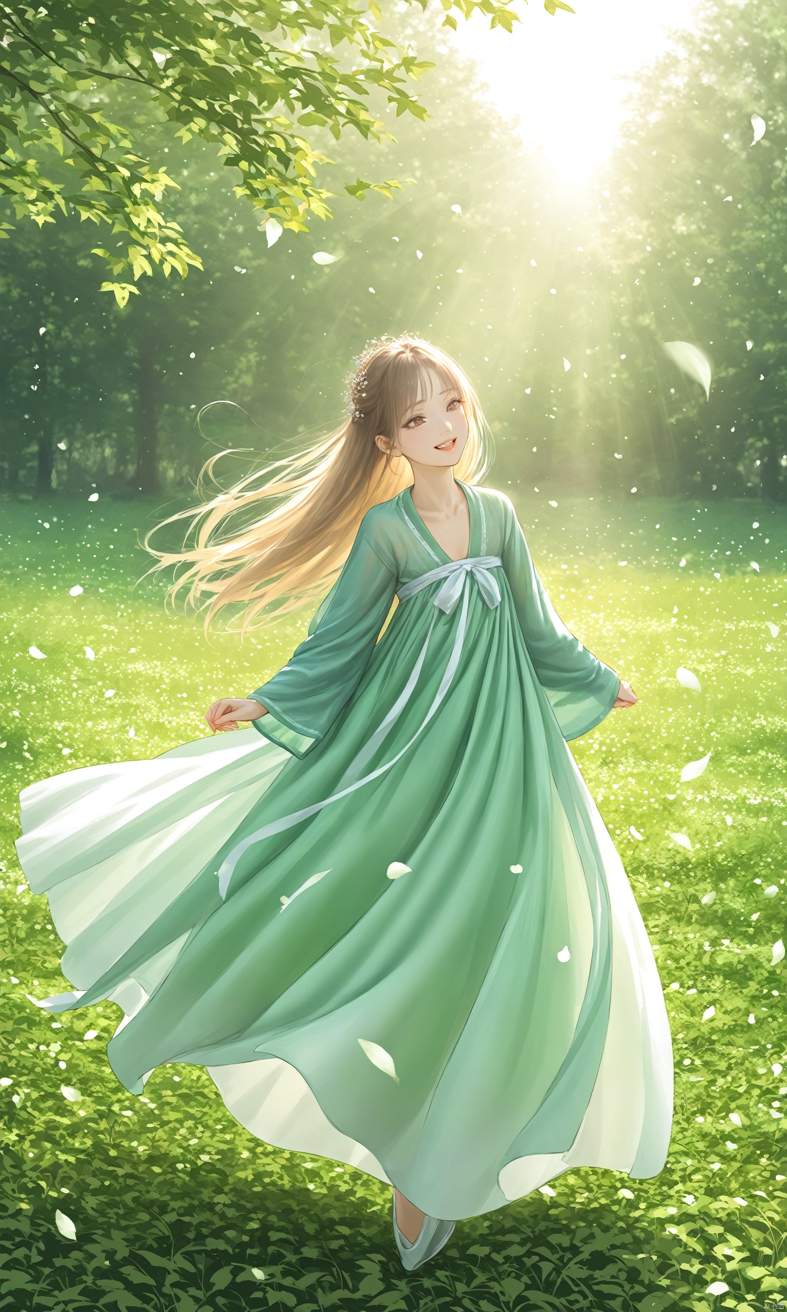  (masterpiece),(bestquality),[realistic,octanerender,3DCG],On a lush green meadow, a young girl is leaping into the air, her long hair fluttering like a ribbon in the wind. Her smile is radiant, her eyes sparkling with the joy of freedom and happiness. Sunlight filters through the gaps in the leaves, casting dappled shadows on her, complementing her graceful figure. Her jump seems to celebrate the infinite possibilities of life, each landing accompanied by cheerful laughter, brimming with the vitality of youth., hanfu